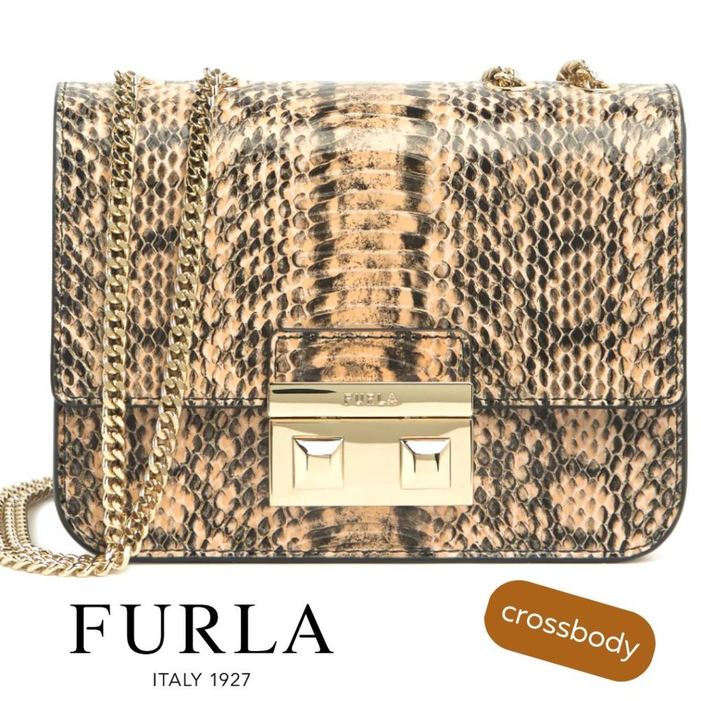 NWT Furla Bella Mini Crossbody Flap Bag Toni Cappuccino Reptile Chain Strap Tan